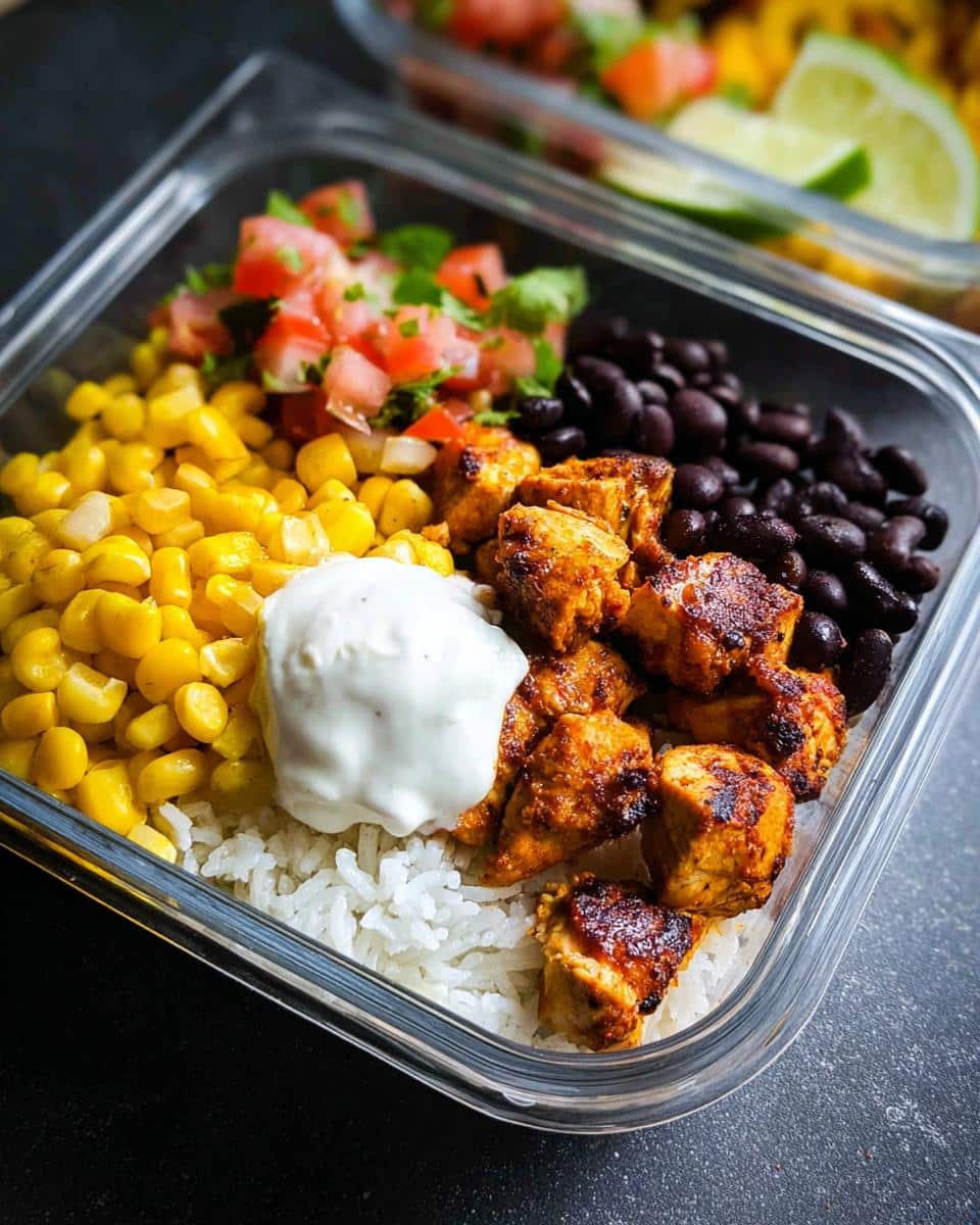 Close-up of one of the Easy Gluten-Free Chicken Meal Prep Bowls featuring seasoned chicken, rice, corn, black beans, and salsa.