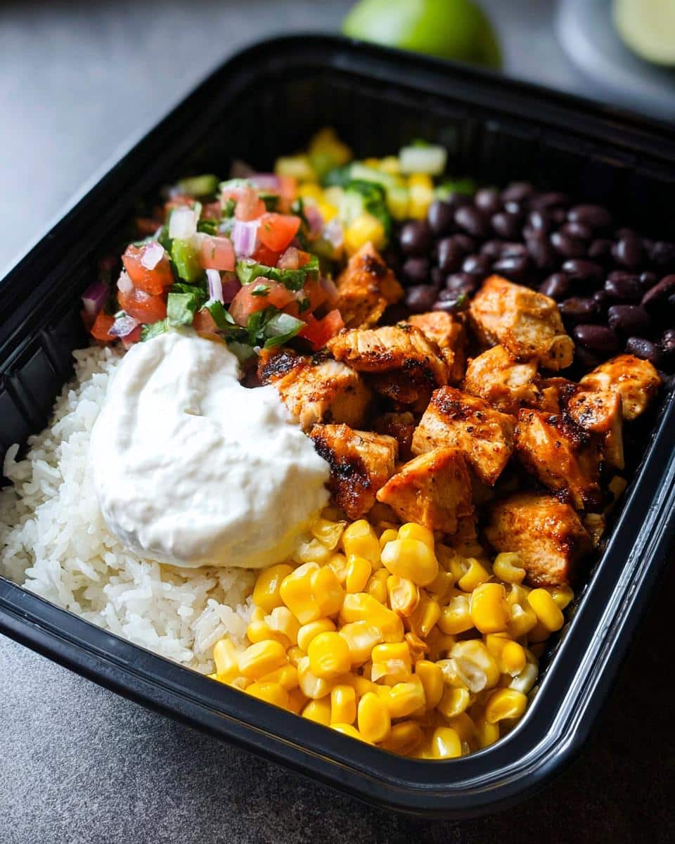 Close-up of an Easy Gluten-Free Chicken Meal Prep Bowl with seasoned chicken, rice, corn, black beans, salsa, and sour cream.