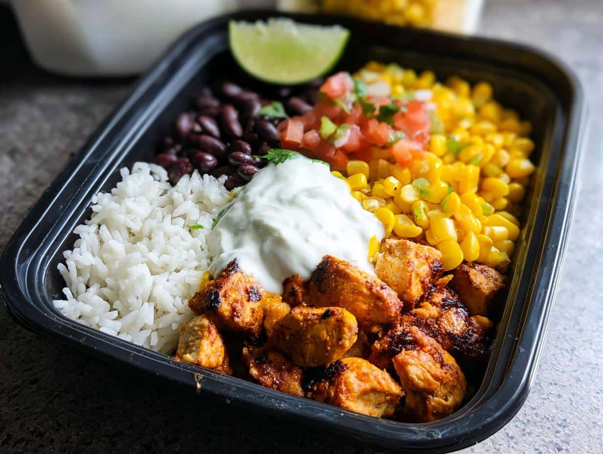 A close-up of an Easy Gluten-Free Chicken Meal Prep Bowl featuring seasoned chicken, rice, corn, black beans, and sour cream.