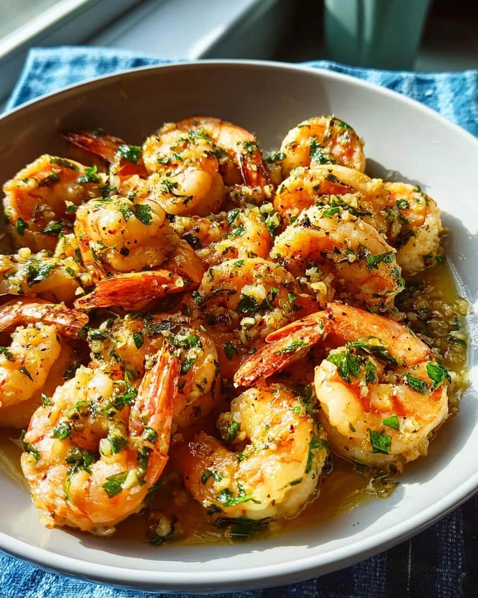 A close-up of cooked shrimp coated in garlic, butter, and fresh parsley, ready for an Easy Shrimp Skillet.