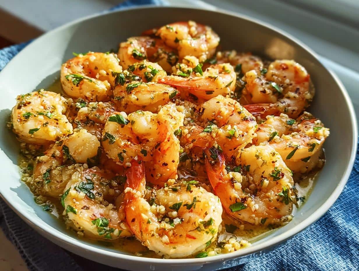 Close-up of juicy, cooked shrimp coated in a garlic butter sauce with fresh parsley, ready for an Easy Shrimp Skillet.