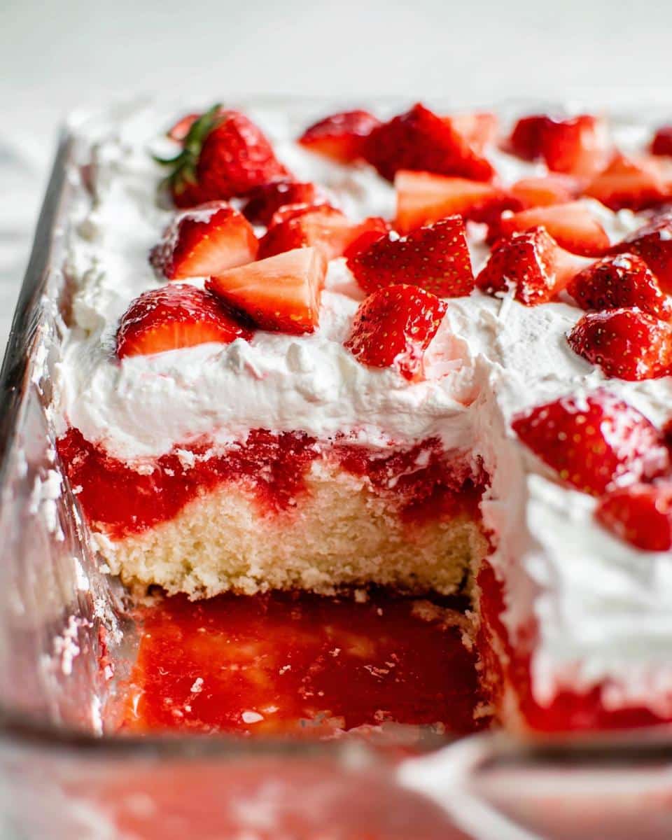 Close-up cross-section of an Easy Strawberry Poke Cake showing the moist cake layer soaked in red filling, topped with whipped cream and fresh strawberries.