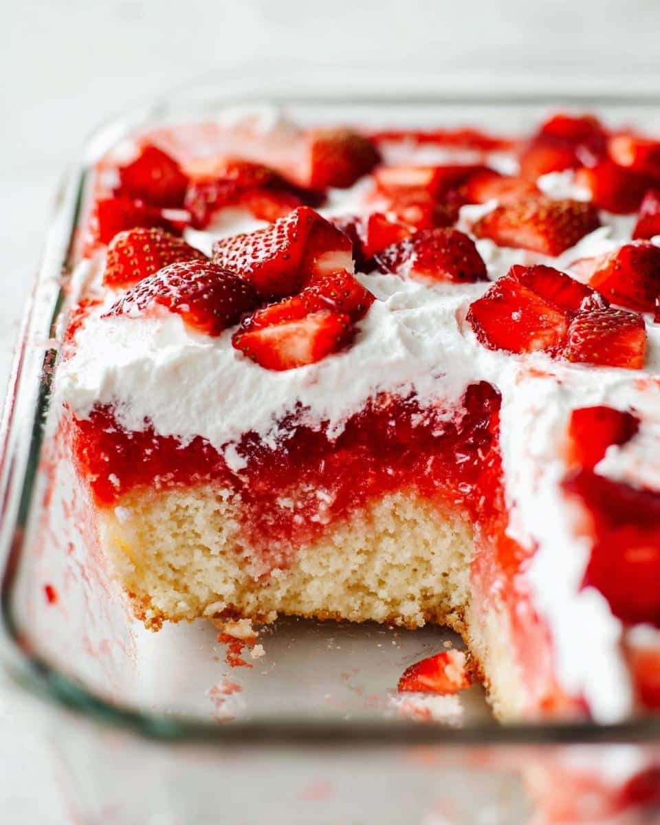 A close-up cross-section of the Easy Strawberry Poke Cake showing the moist cake layer, strawberry gelatin, whipped topping, and fresh strawberry pieces.