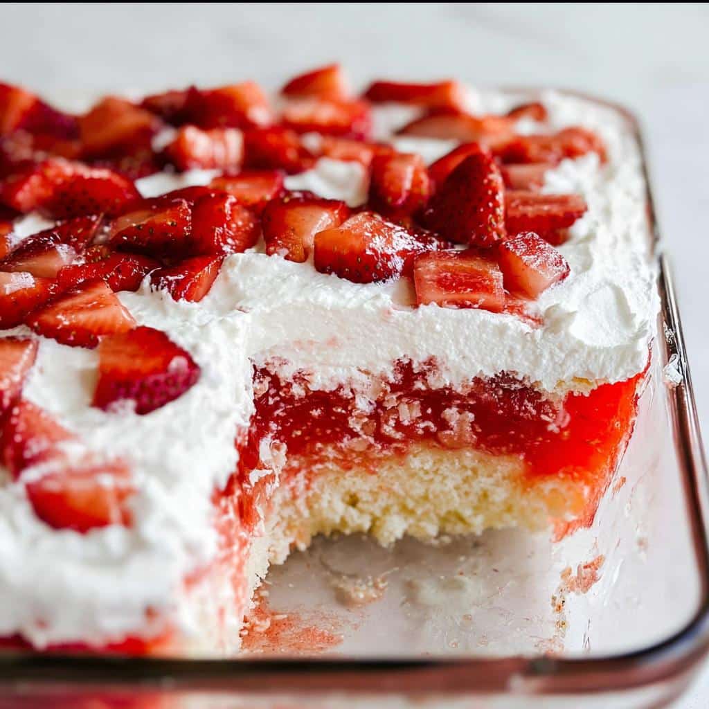 Cross-section view of an Easy Strawberry Poke Cake showing layers of cake, strawberry gelatin, whipped topping, and fresh strawberries.