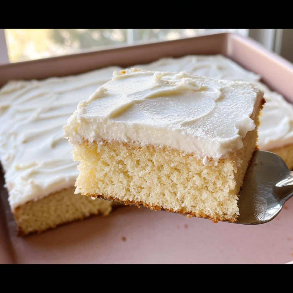 A spatula lifts a perfect square slice of Easy Vanilla Sheet Cake topped with thick white vanilla frosting.