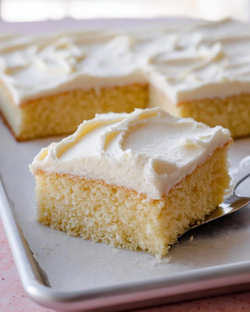 A close-up of a moist slice of Easy Vanilla Sheet Cake being lifted from the pan with white frosting.