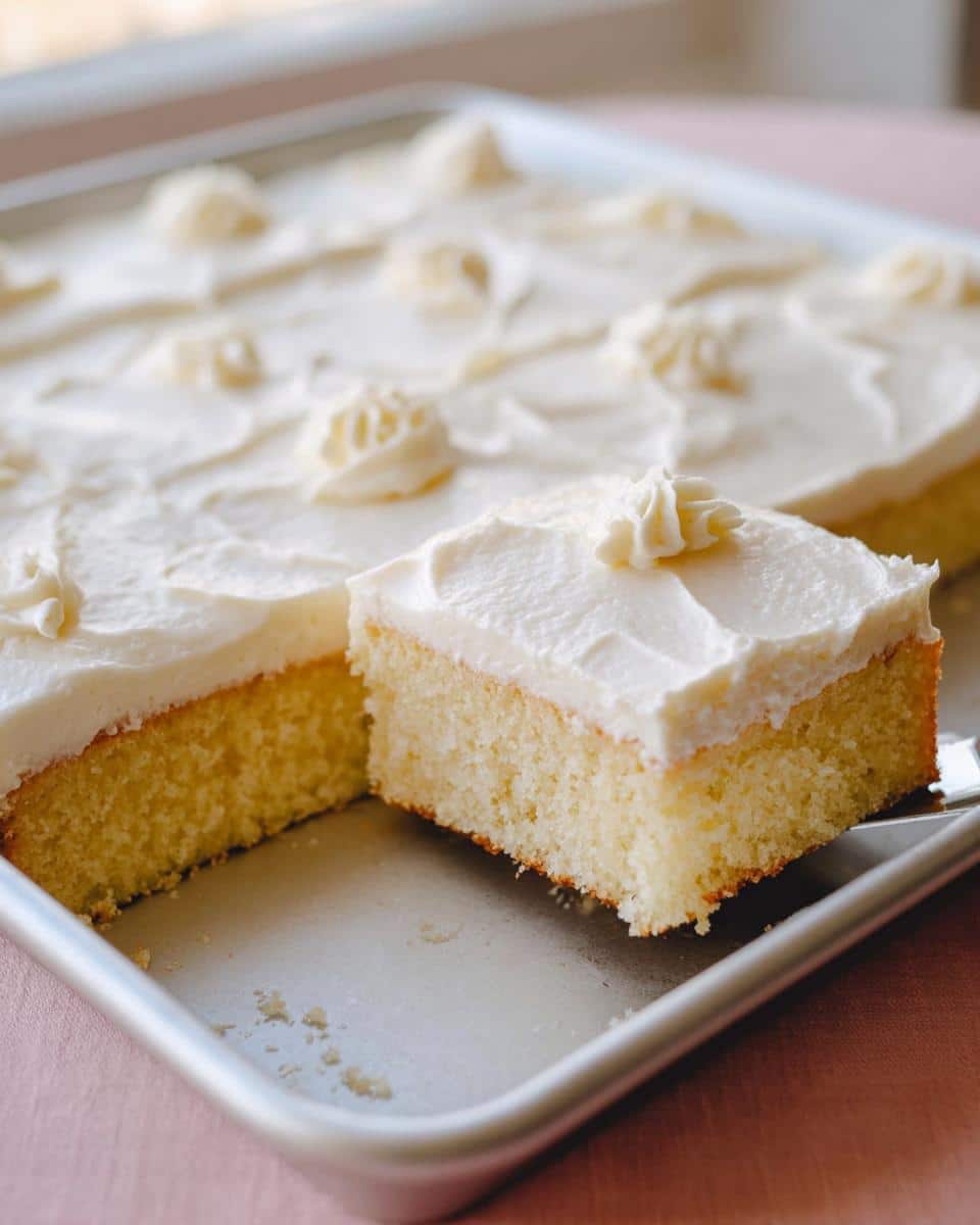 A square slice of Easy Vanilla Sheet Cake being lifted from the pan, showing fluffy yellow cake and thick white frosting.