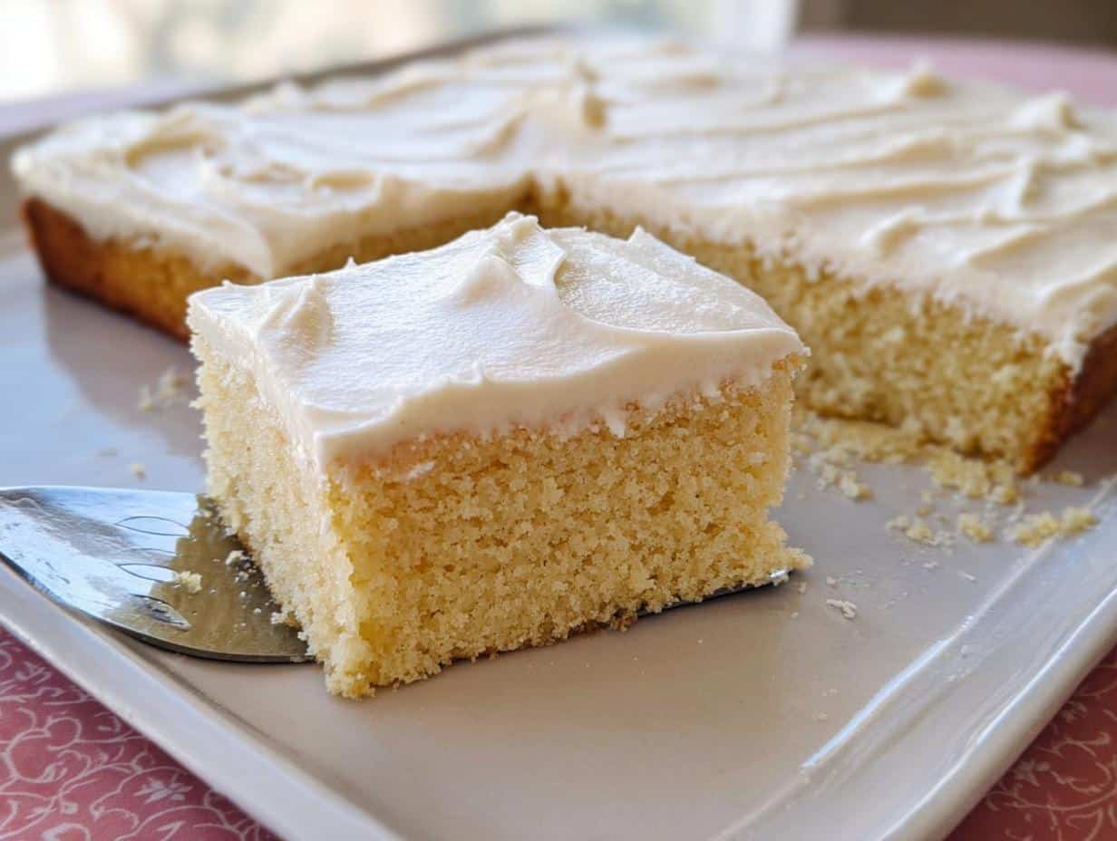 A square slice of Easy Vanilla Sheet Cake being lifted by a server, topped with thick white frosting.