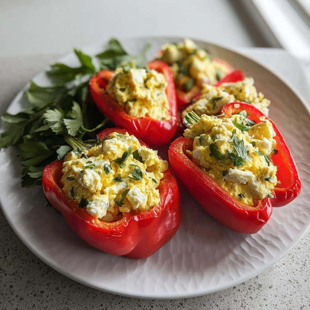 Four halves of bright red bell peppers filled generously with creamy Egg Salad Stuffed Peppers mixture, garnished with fresh parsley.