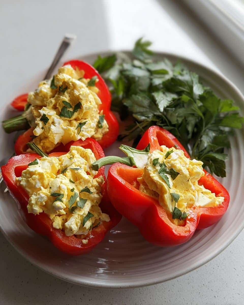 Three halves of bright red bell peppers filled with creamy Egg Salad Stuffed Peppers, garnished with parsley.