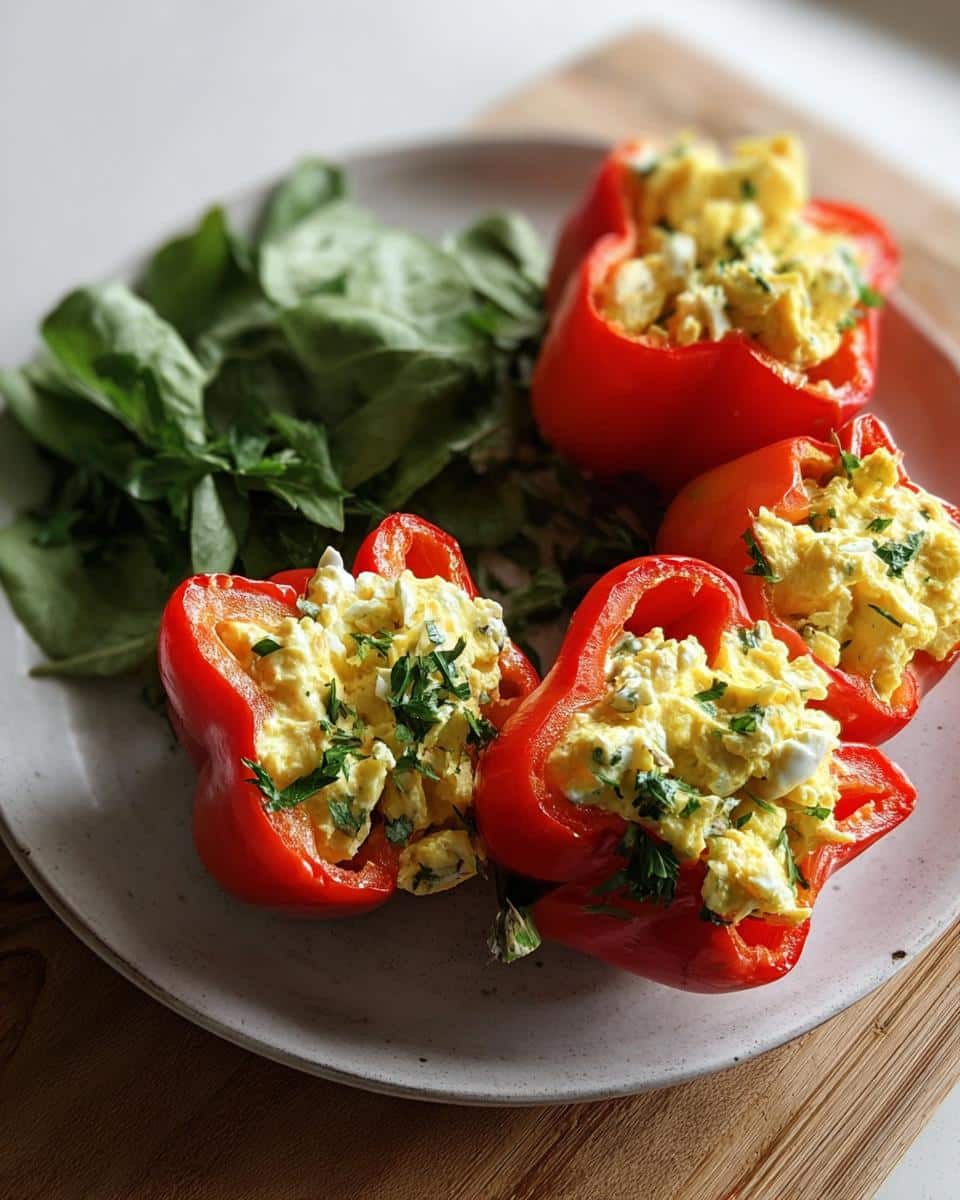 Four bright red bell peppers generously filled with creamy egg salad and topped with fresh parsley, served alongside fresh spinach.