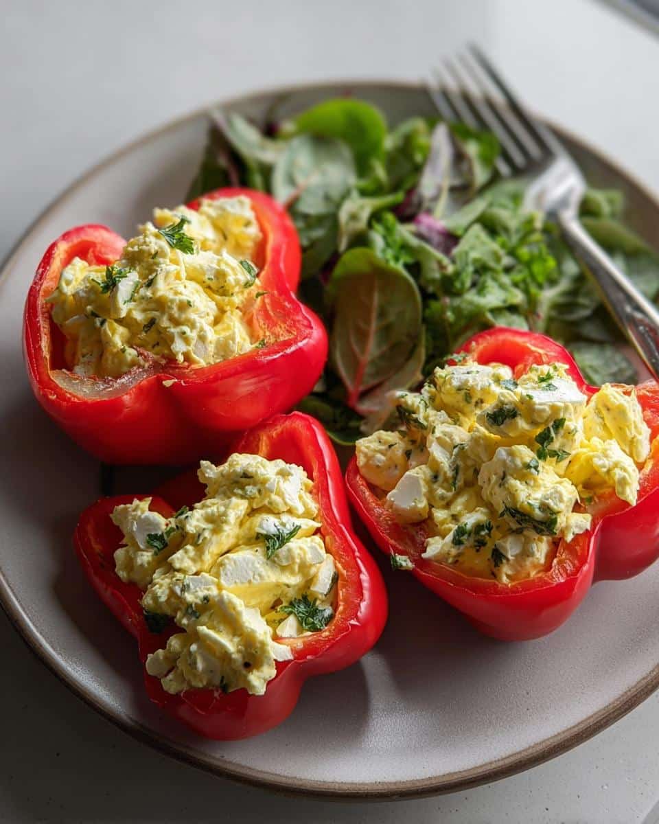 Three bright red bell pepper halves filled generously with creamy Egg Salad Stuffed Peppers mixture.