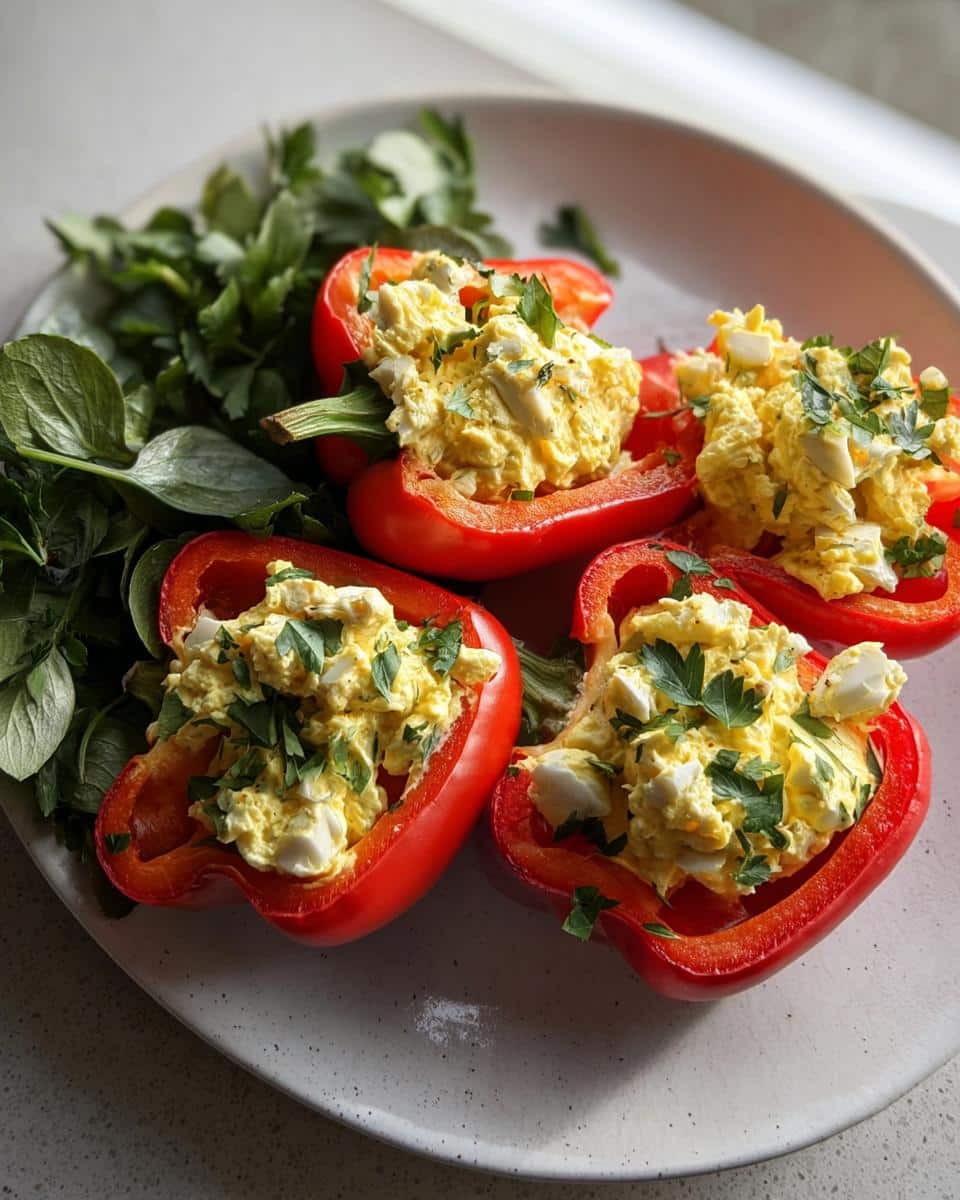 Four halves of bright red bell peppers filled with creamy Egg Salad Stuffed Peppers and topped with fresh parsley.