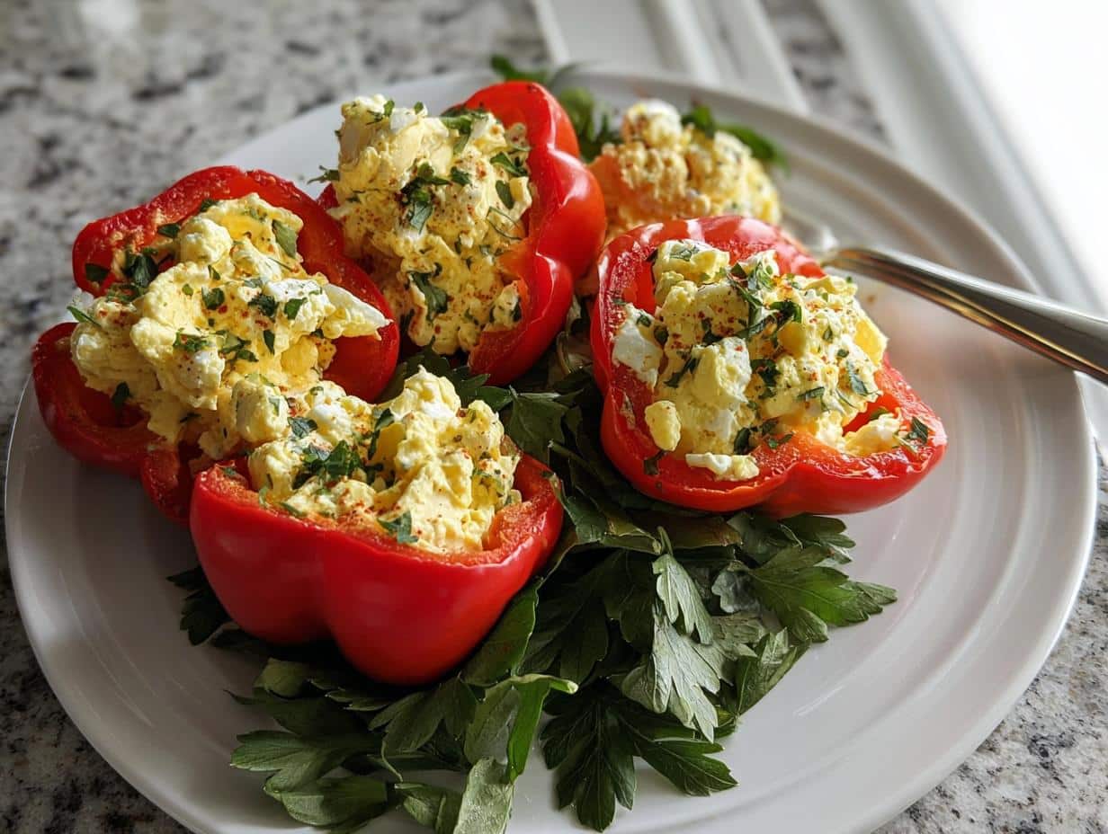 Four halves of bright red bell peppers filled generously with creamy egg salad, garnished with parsley.