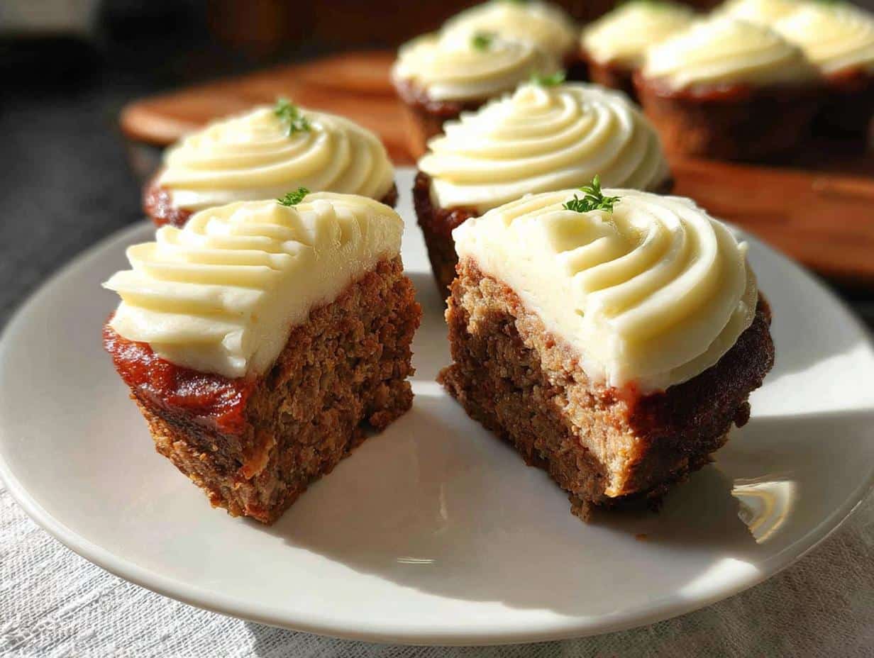 Two halves of a Fake Cupcake Meatloaf topped with piped mashed potatoes, sitting on a white plate.
