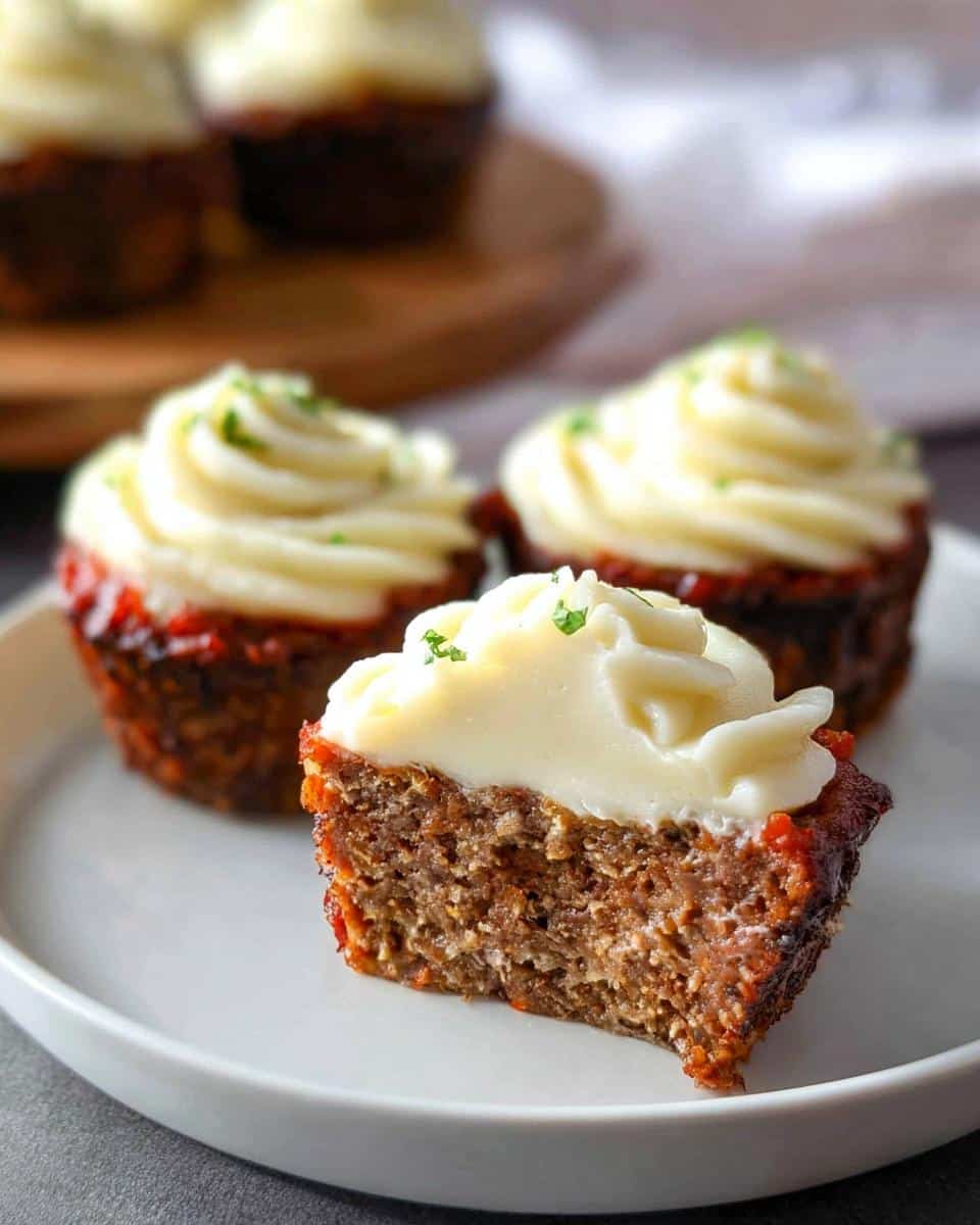 A cross-section view of a Fake Cupcake Meatloaf topped with piped mashed potatoes, garnished with parsley.