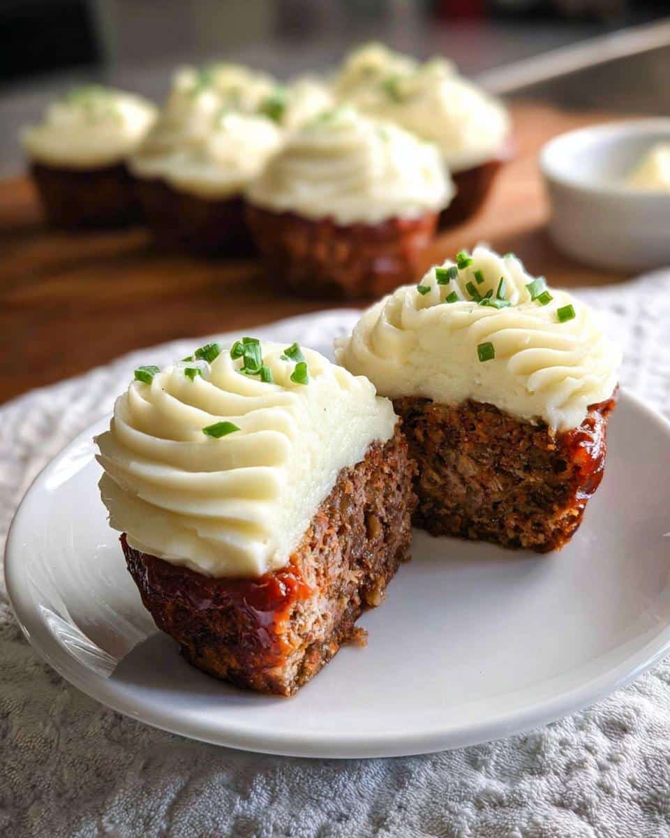 Two halves of a Fake Cupcake Meatloaf topped with piped mashed potatoes and chives on a white plate.