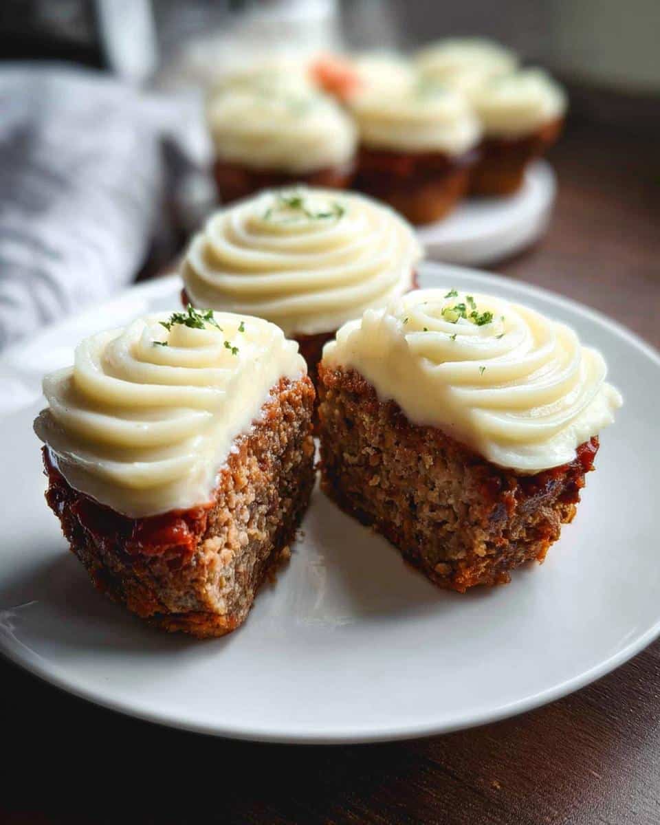 Two halves of a Fake Cupcake Meatloaf showing the meat texture and piped mashed potato frosting.