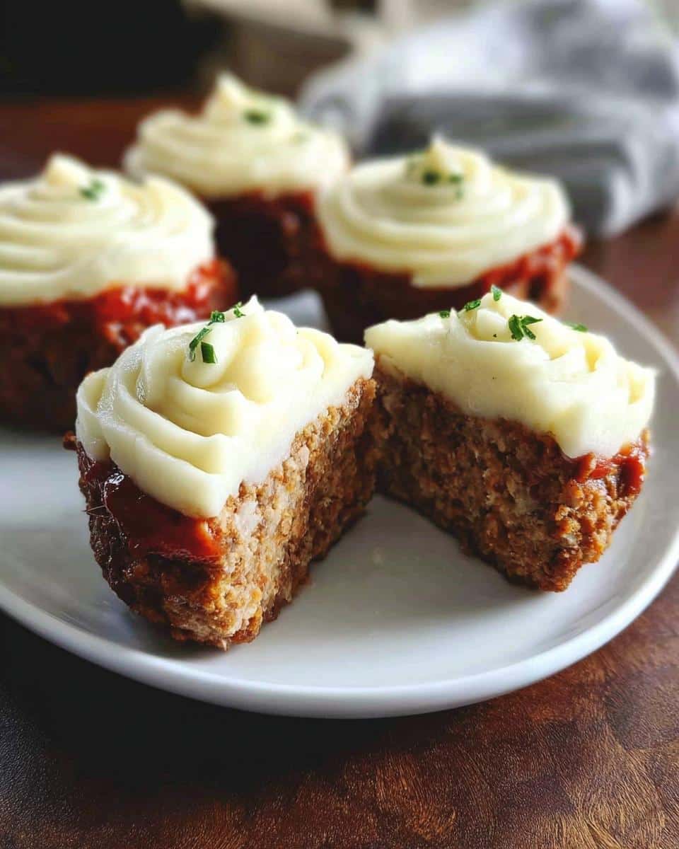 A cross-section view of a Fake Cupcake Meatloaf showing the meat texture, topped with piped mashed potatoes.