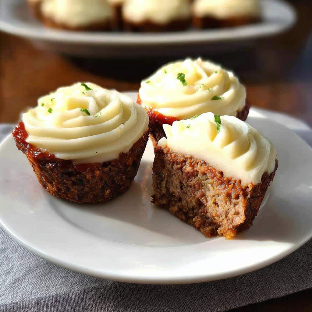 Three individual servings of Fake Cupcake Meatloaf topped with piped mashed potatoes and chives.