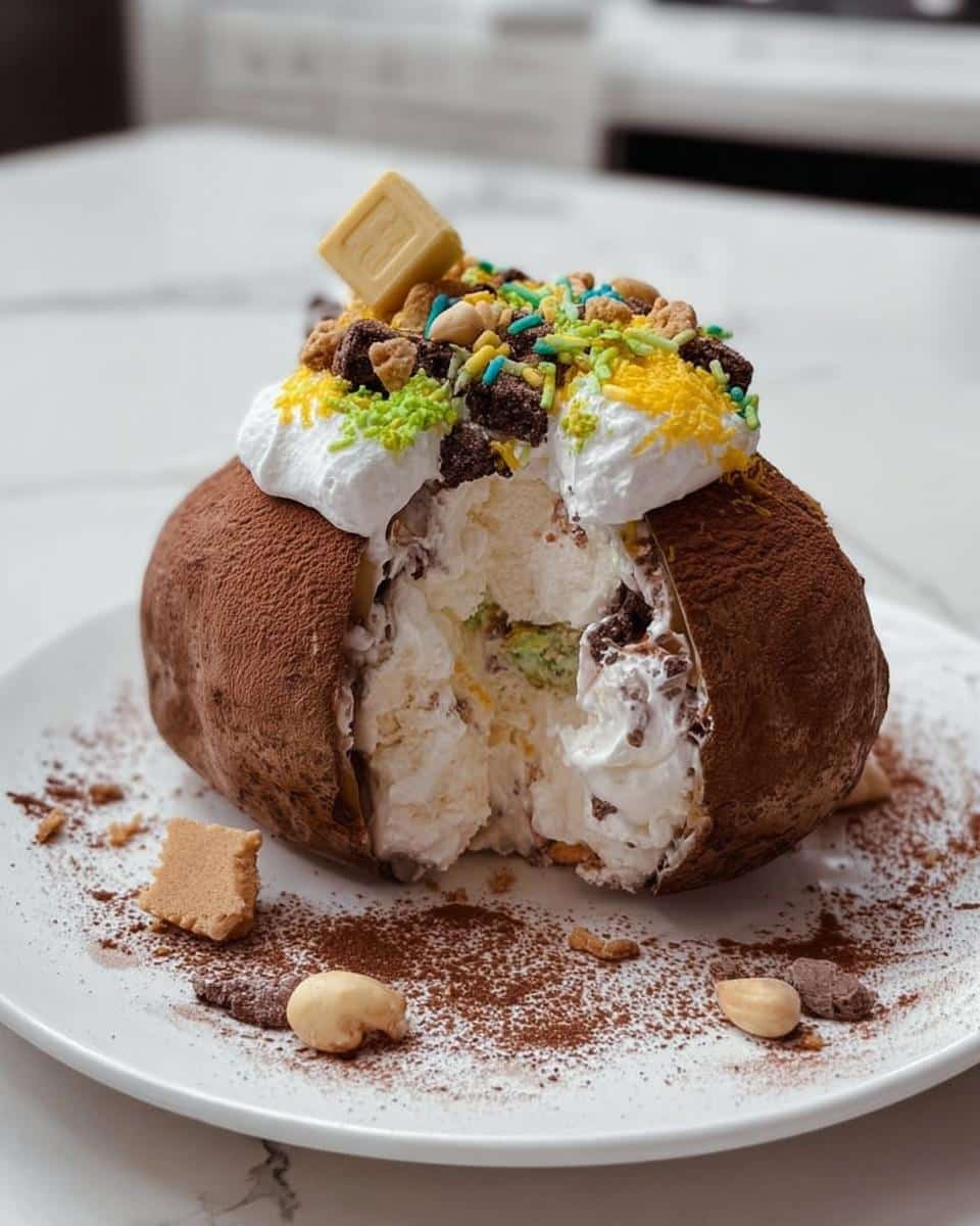 A cross-section view of Fake Ice Cream Potatoes dessert, showing whipped cream, sprinkles, and cocoa powder coating.