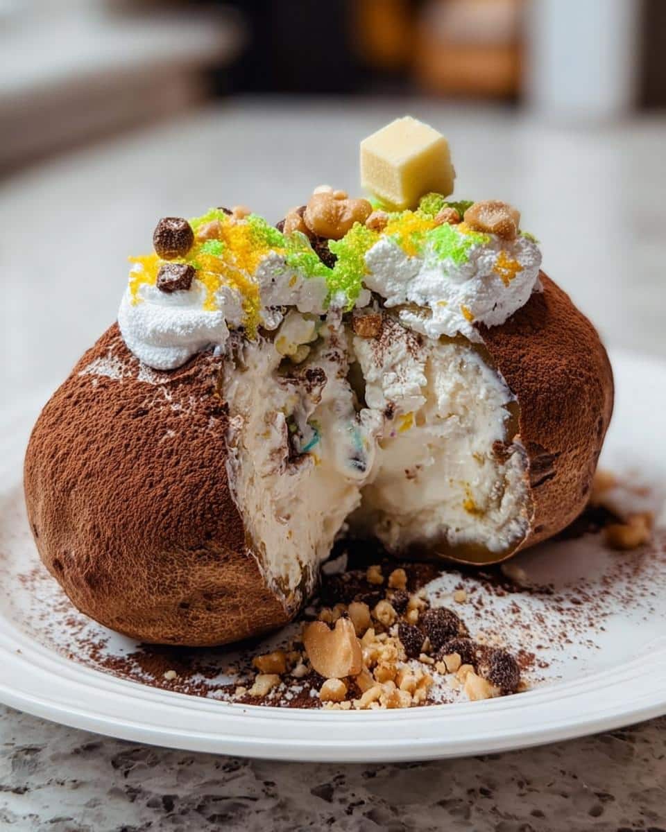 A cross-section view of the Fake Ice Cream Potatoes dessert, showing creamy filling dusted with cocoa powder.