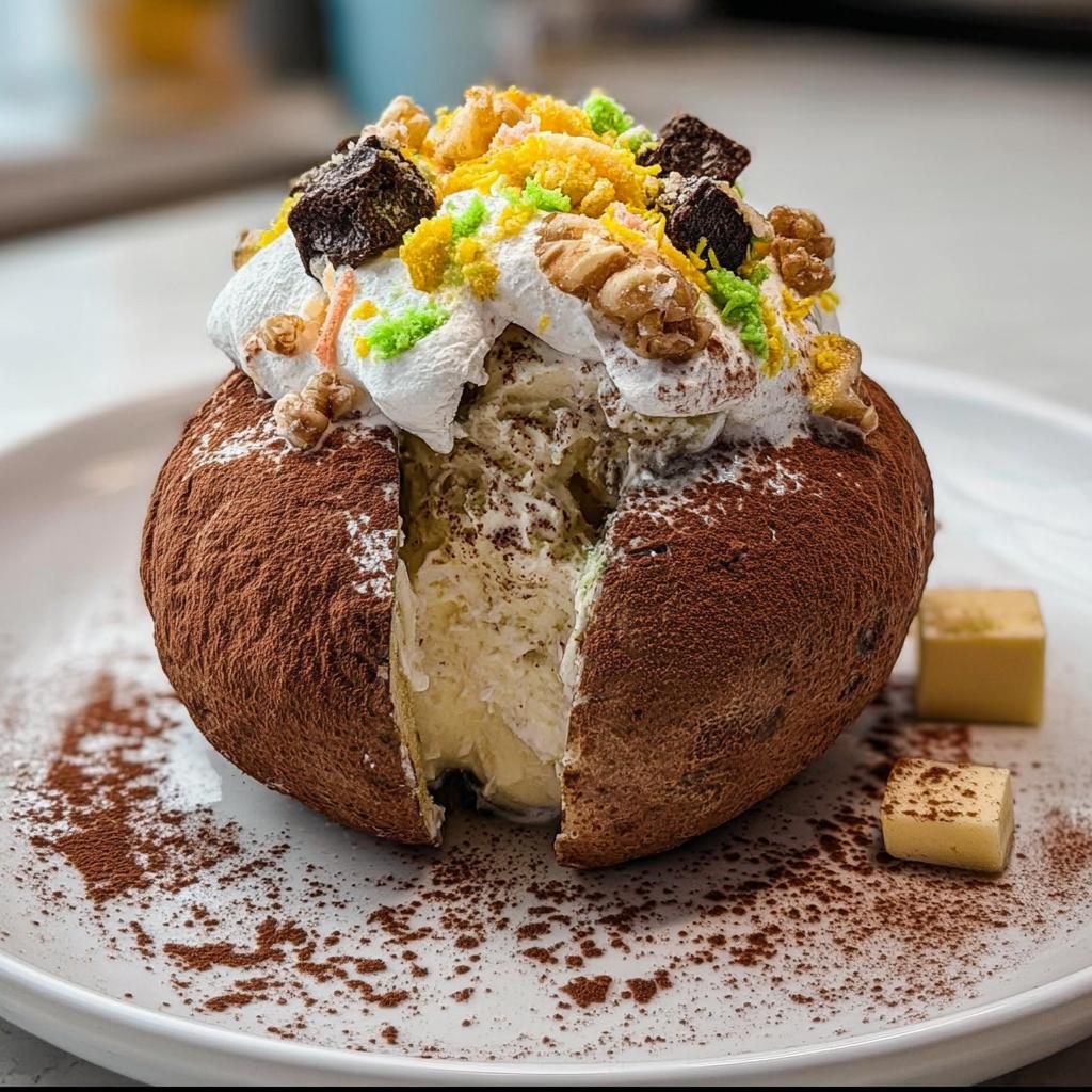 A decadent serving of Fake Ice Cream Potatoes, dusted with cocoa powder and topped with whipped cream and nuts.