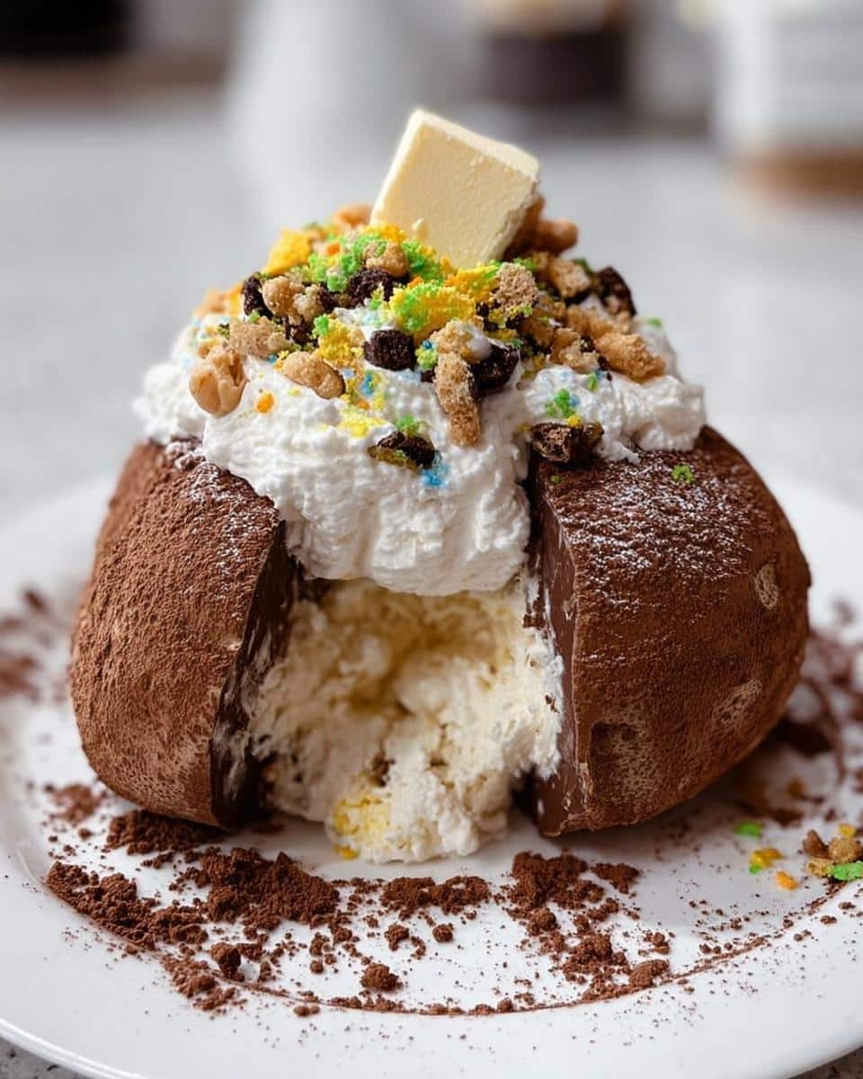 A cross-section view of the Fake Ice Cream Potatoes dessert, showing a creamy interior covered in cocoa powder, topped with whipped cream.