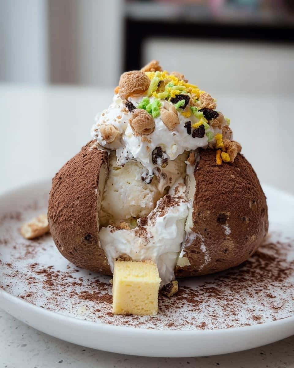 A baked potato shell dusted with cocoa powder filled with ice cream, whipped cream, and colorful toppings, representing Fake Ice Cream Potatoes.