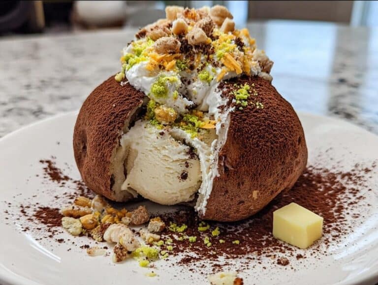 A scoop of vanilla ice cream served inside a cocoa-dusted potato shell, topped with whipped cream and nuts, representing Fake Ice Cream Potatoes.
