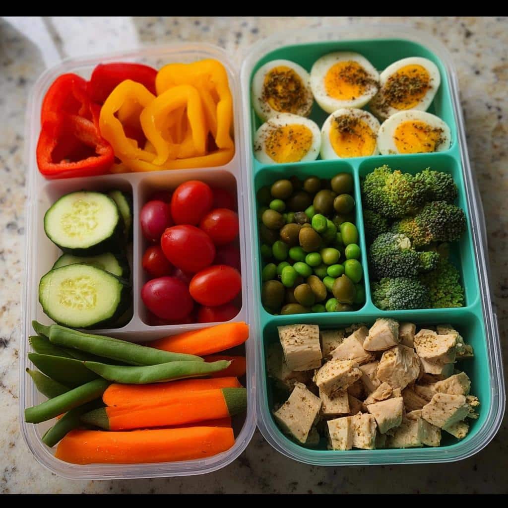 Overhead view of a compartmentalized lunch box showing a Fast Protein Lunch Box with hard-boiled eggs, tofu cubes, broccoli, and fresh vegetables.