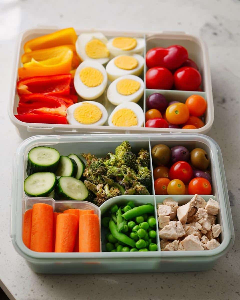 Two stacked bento boxes filled with components for a Fast Protein Lunch Box, including hard-boiled eggs, chicken, carrots, and various vegetables.