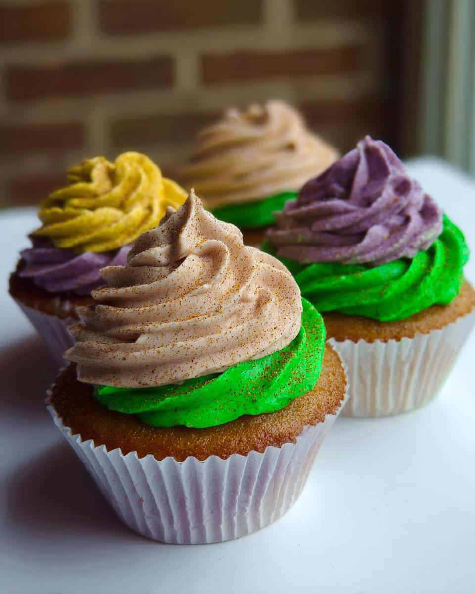 Four colorful Fat Tuesday Dessert cupcakes featuring green, purple, yellow, and tan frosting swirls.