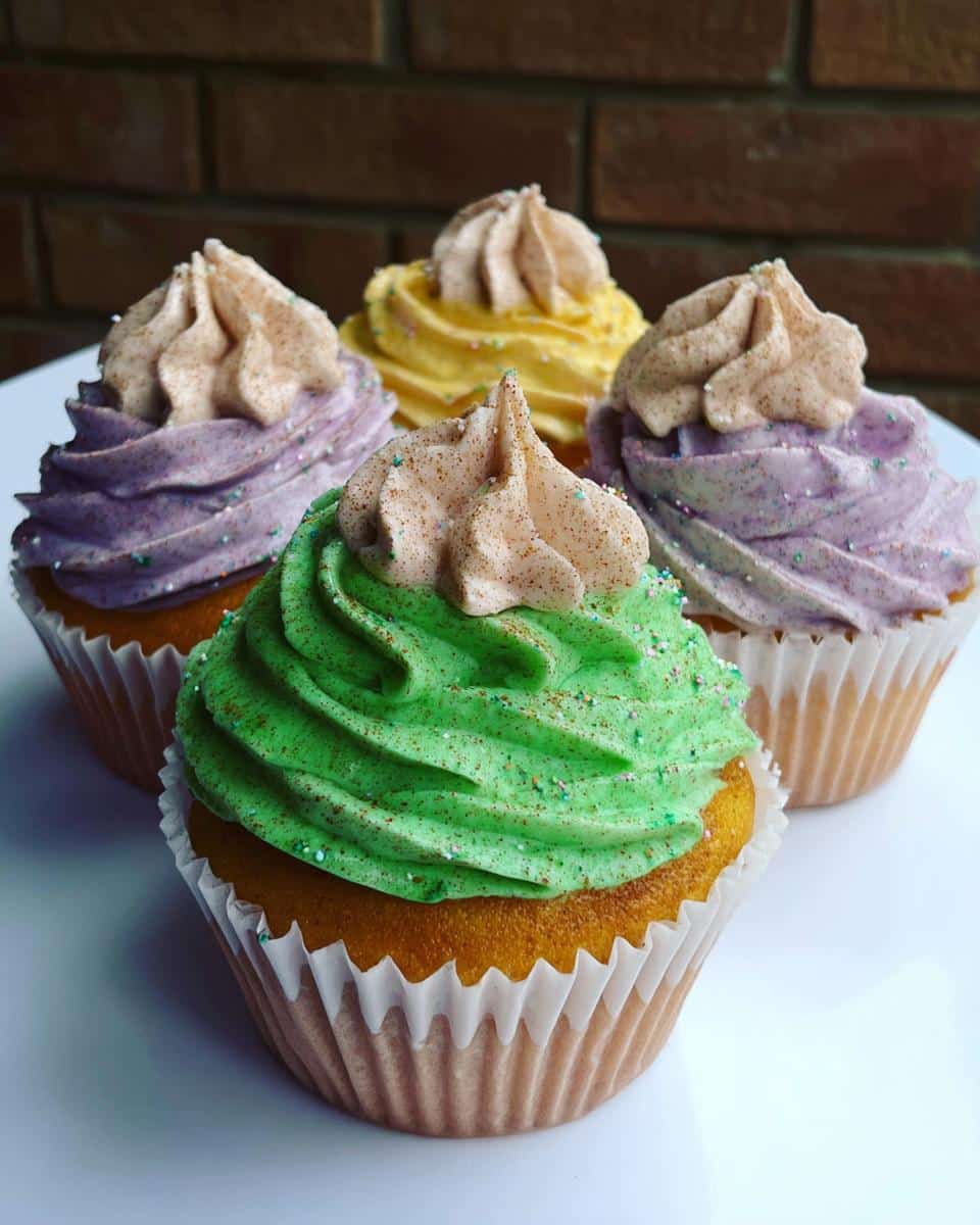 Four colorful Fat Tuesday Dessert cupcakes featuring green, purple, and yellow frosting with dual-toned swirls on top.