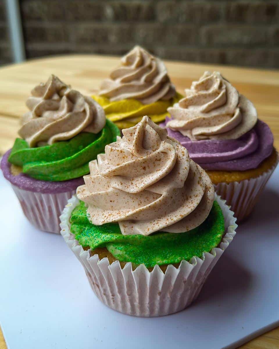 Four Fat Tuesday Dessert cupcakes featuring purple, green, and yellow frosting bases topped with spiced, swirled frosting.