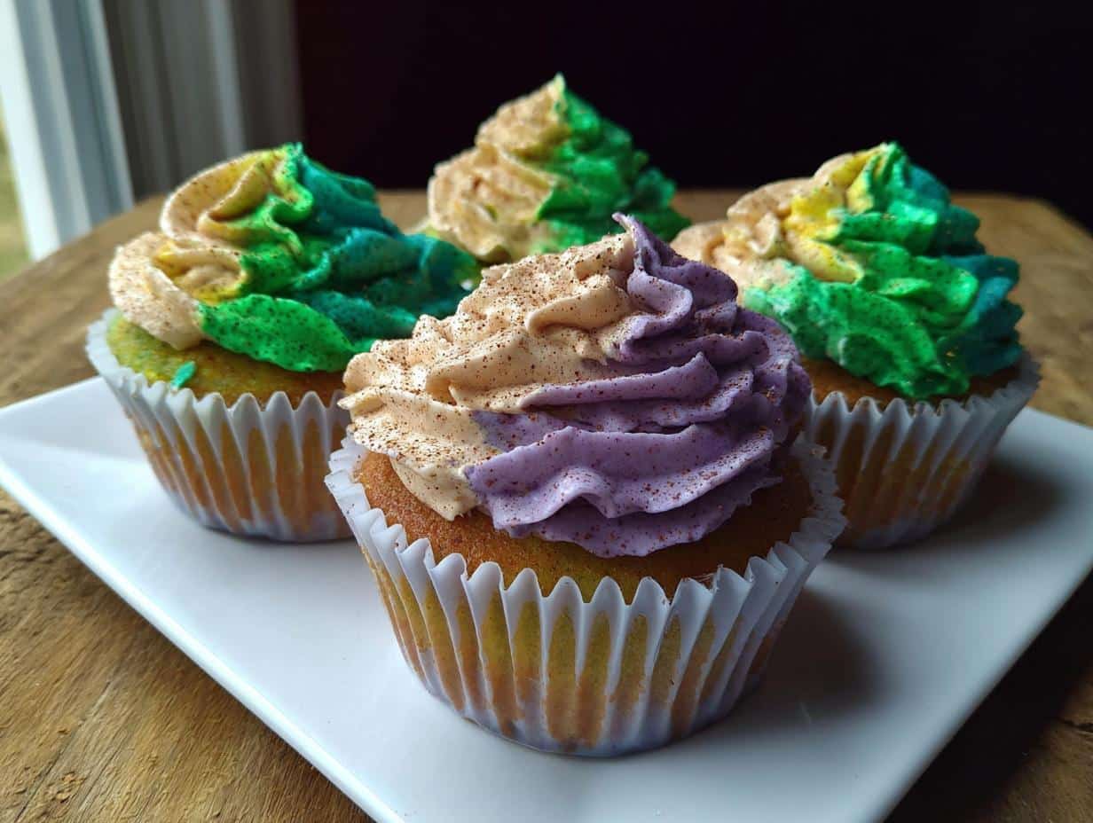 Four vibrant Fat Tuesday Dessert cupcakes with purple, green, and gold swirled frosting on a white platter.