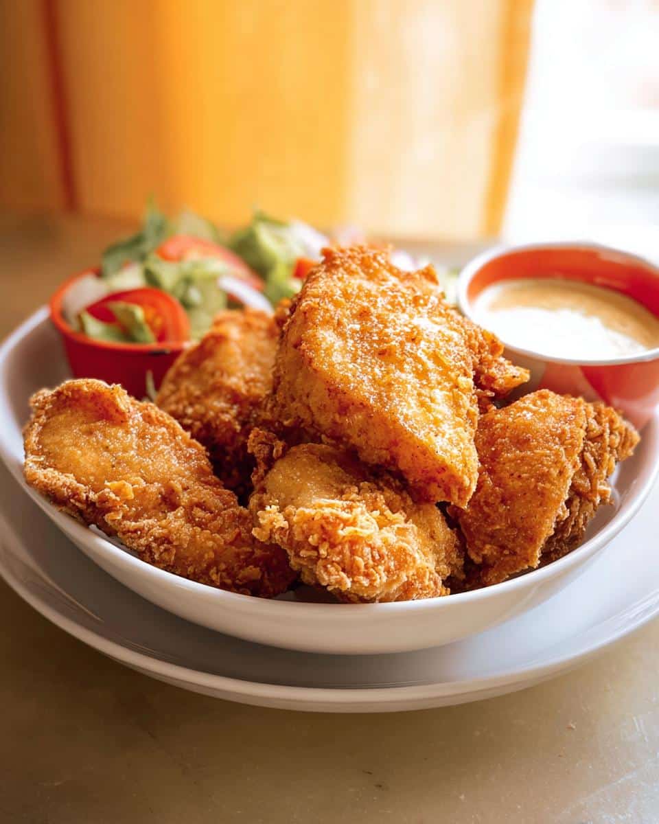 Close-up of golden, crispy Faux Fried Chicken Dessert pieces served in a white bowl with dipping sauce.