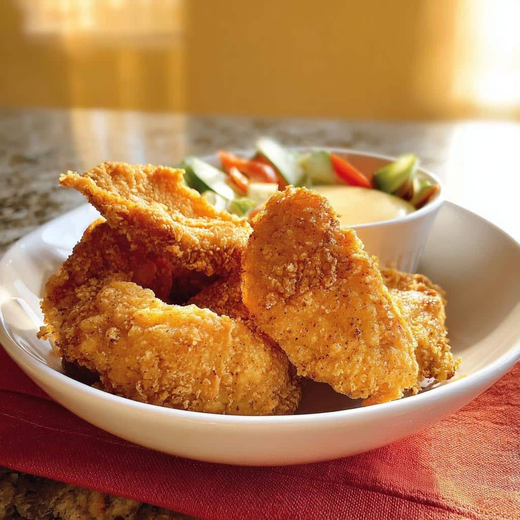 Close-up of golden, crispy pieces of Faux Fried Chicken Dessert served in a white bowl with dipping sauce.