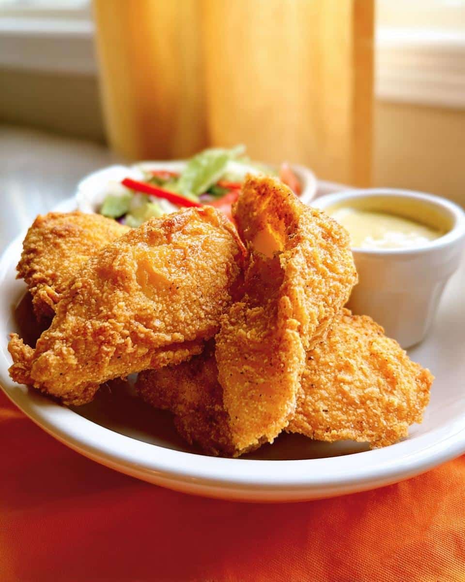 Close-up of golden, crispy pieces of Faux Fried Chicken Dessert served on a white plate with dipping sauce.