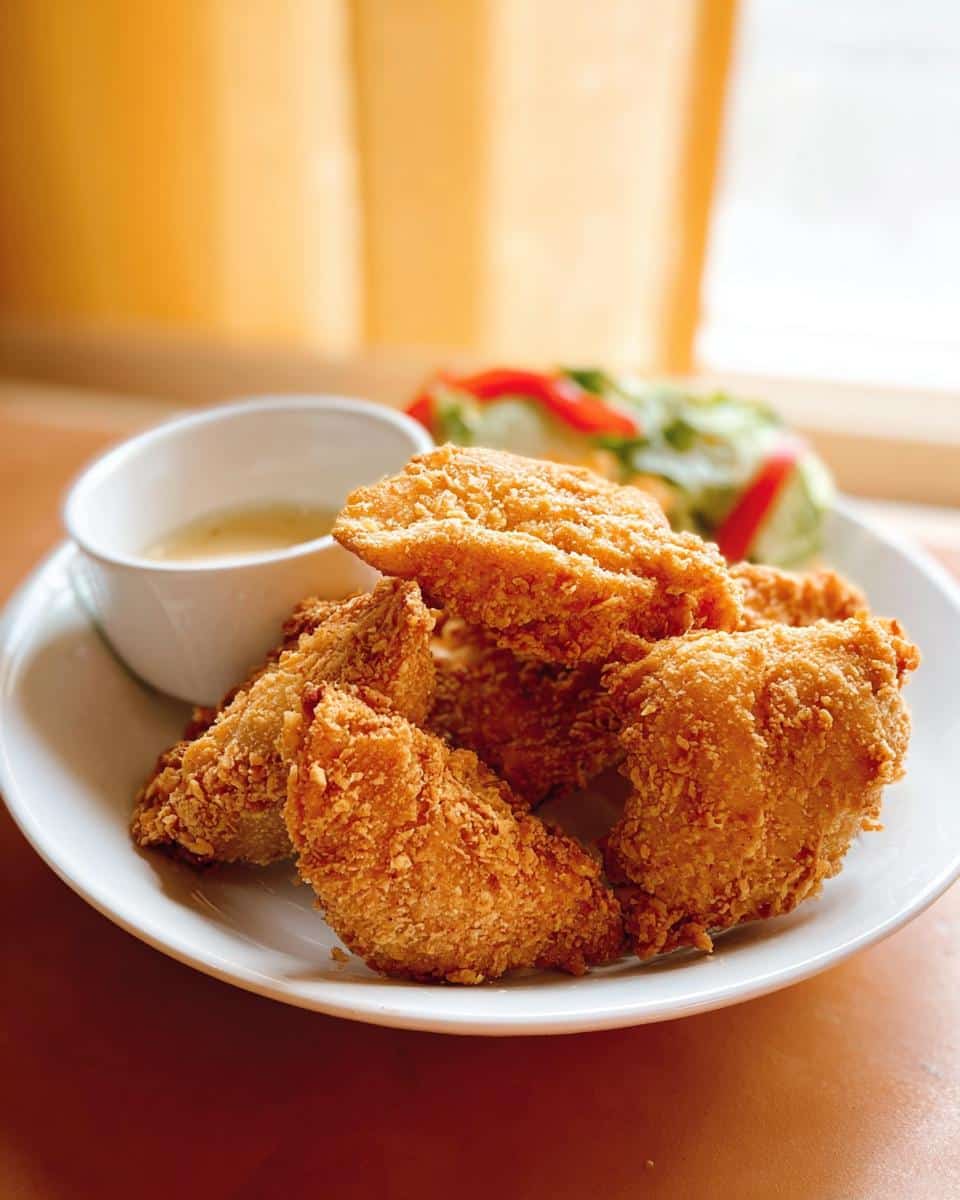 Close-up of golden, crispy pieces of Faux Fried Chicken Dessert served on a white plate with dipping sauce.