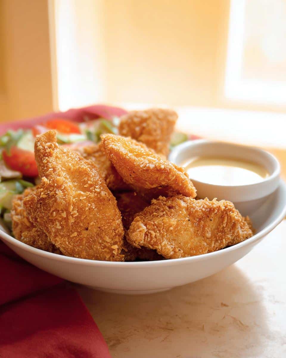 Close-up of golden, crispy Faux Fried Chicken Dessert pieces served in a white bowl with dipping sauce.