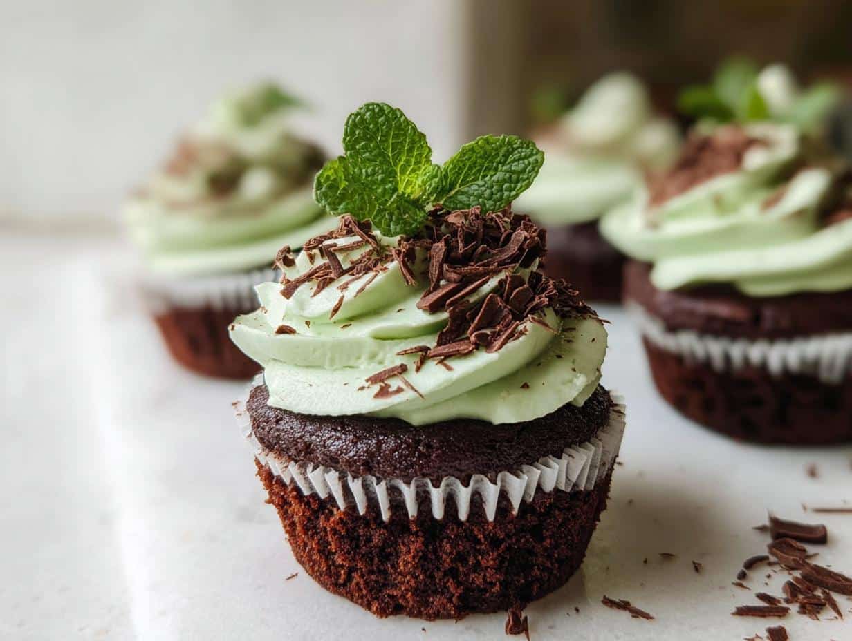 Close-up of a rich chocolate cupcake topped with light green mint frosting, chocolate shavings, and a fresh mint sprig.
