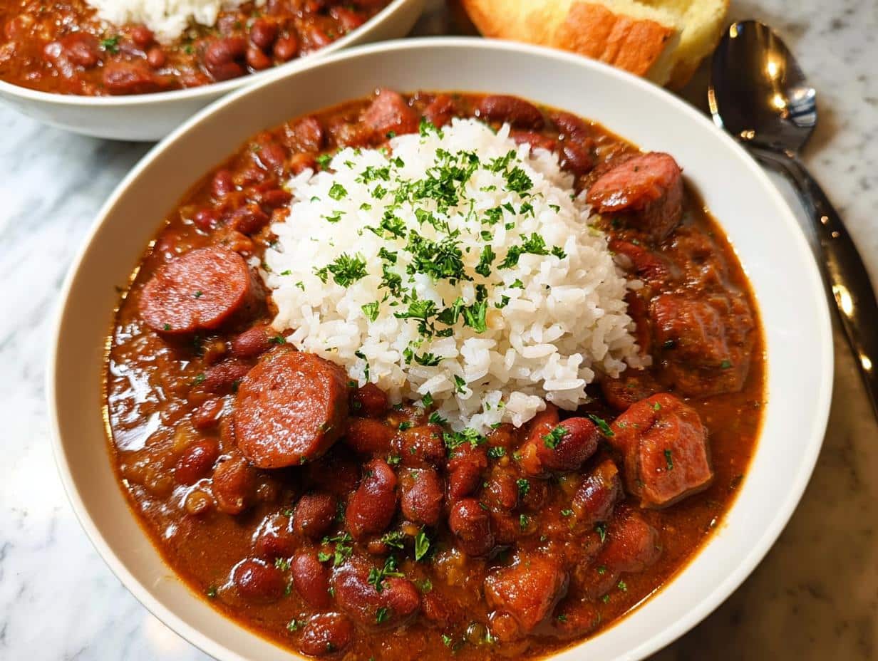 Close-up of a bowl of rich, savory Red Beans and Rice topped with sliced sausage and fresh parsley.