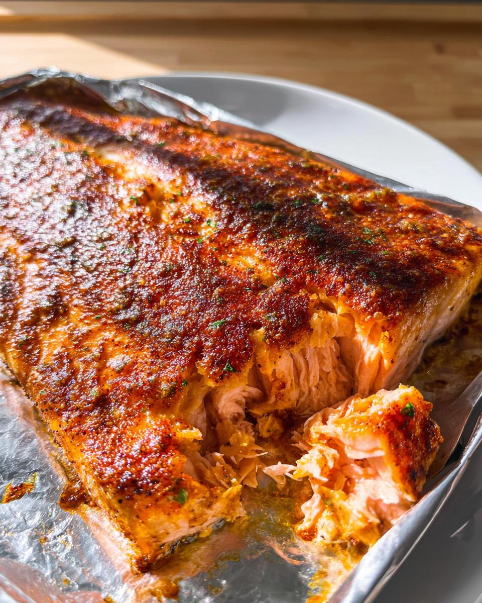 Close-up of a perfectly cooked, flaky Baked Salmon Dinner with a seasoned, browned crust being pulled apart.