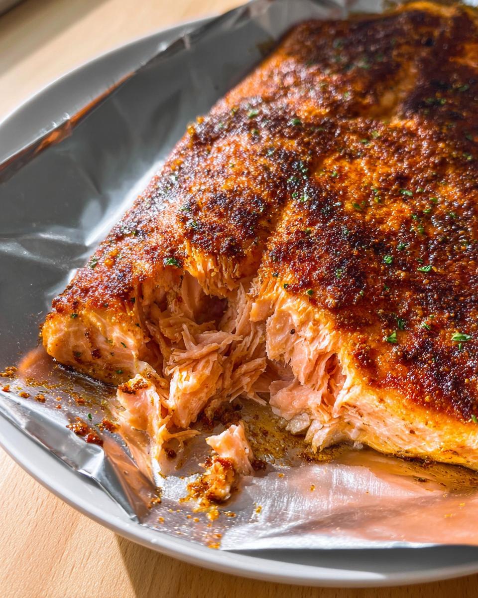Close-up of a perfectly cooked Baked Salmon Dinner, flaking apart easily, seasoned with spices.