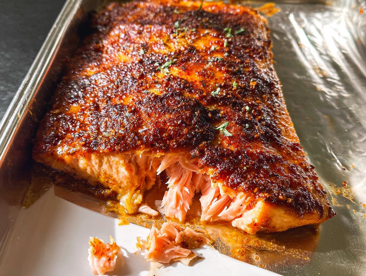 Close-up of a perfectly cooked Baked Salmon Dinner with a dark, seasoned crust, flaking apart in a metal baking pan.
