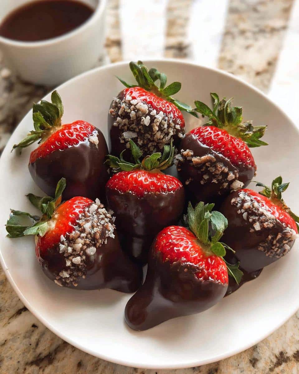 A plate of freshly made Chocolate Covered Strawberries, some dipped only in chocolate and others coated with white sprinkles.