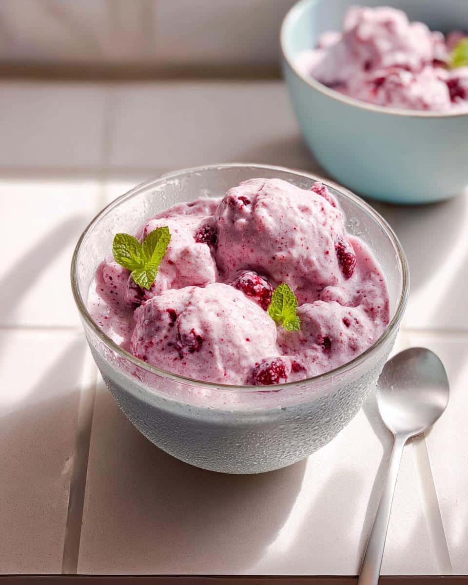 Close-up of scoops of pink Frozen Fruit Whip garnished with mint leaves in a sweating glass bowl.
