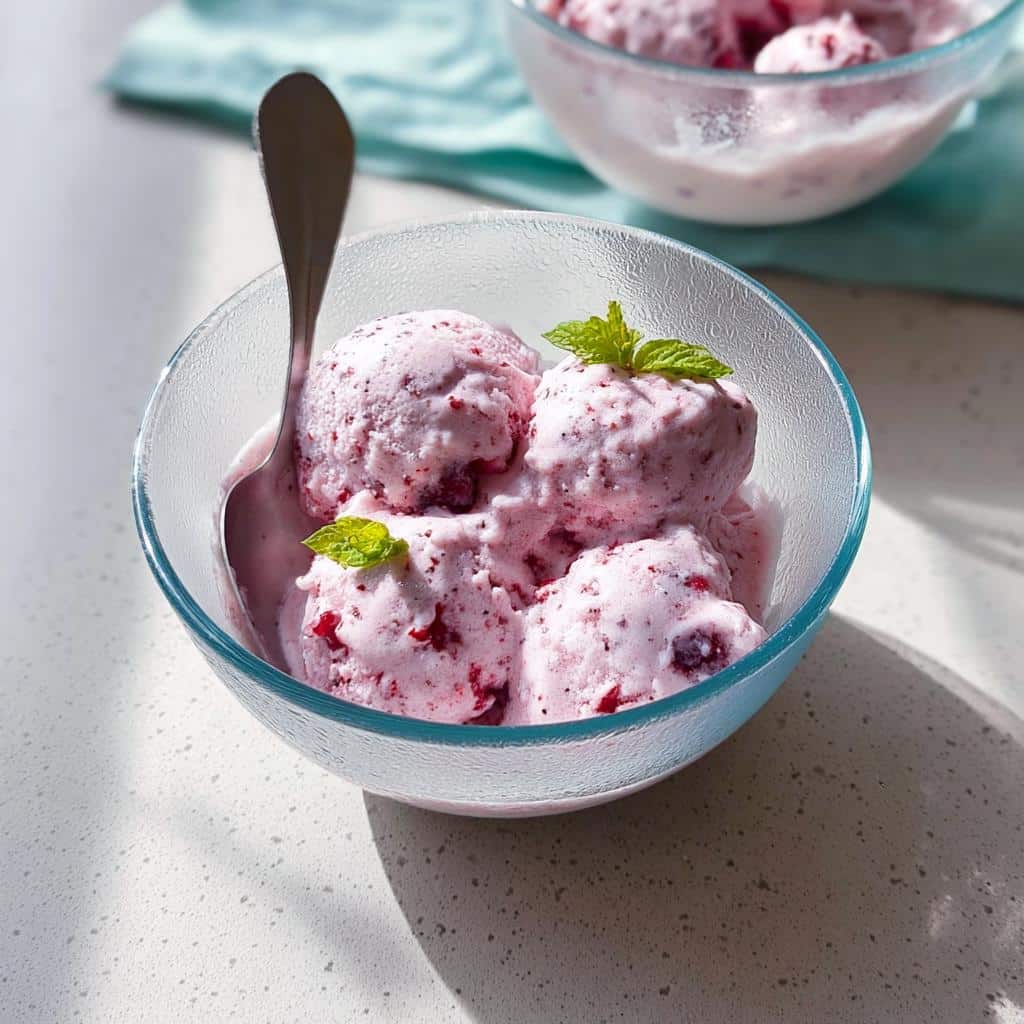 Close-up of scoops of pink Frozen Fruit Whip garnished with mint leaves in a clear glass bowl with a spoon.