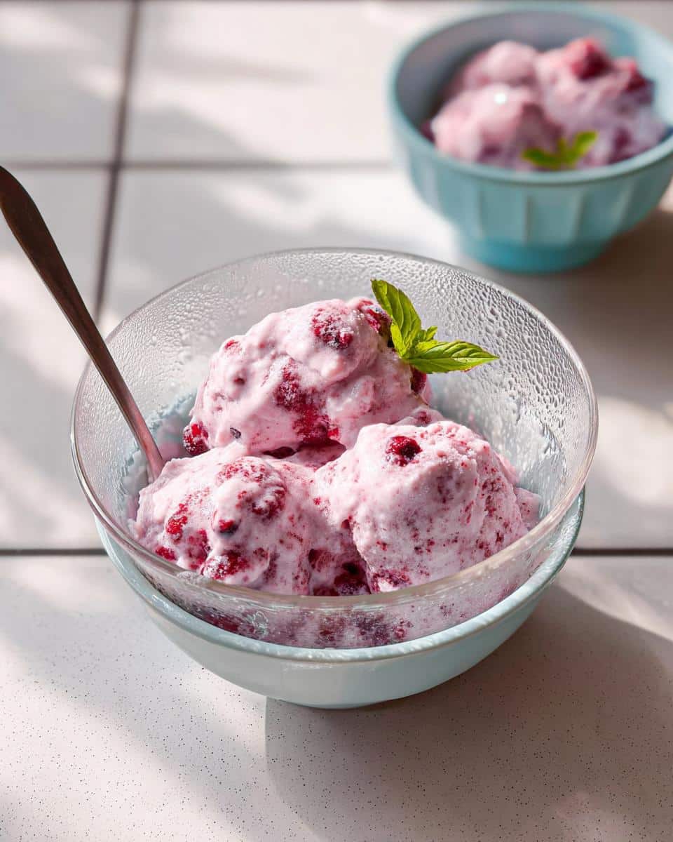 Close-up of three scoops of pink Frozen Fruit Whip in a glass bowl, garnished with a mint leaf.